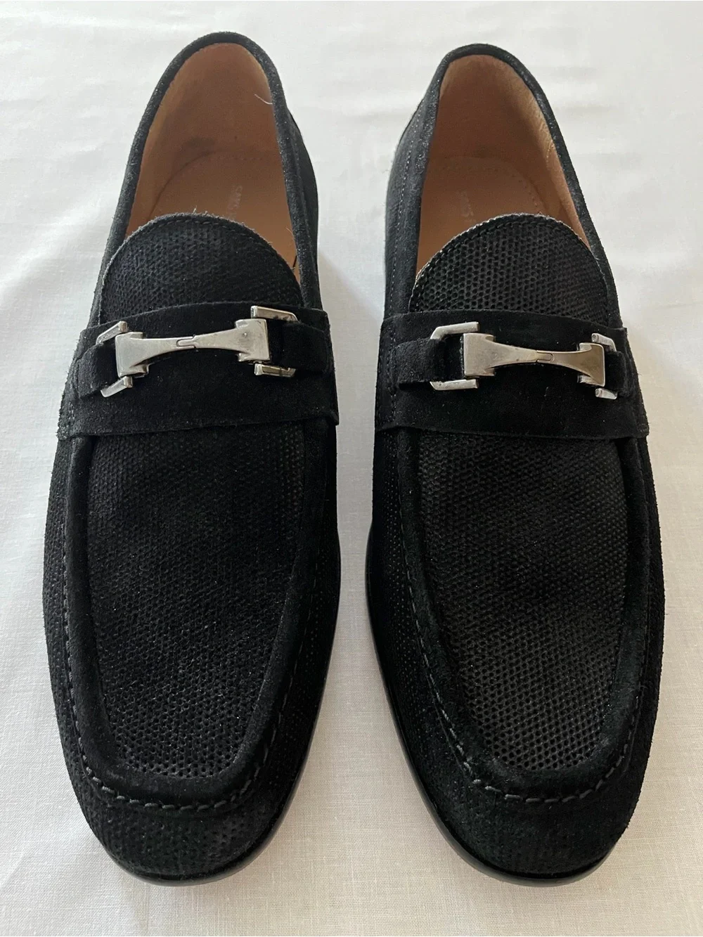 Saks Fifth Avenue Black Suede Loafers with Silver Horsebit